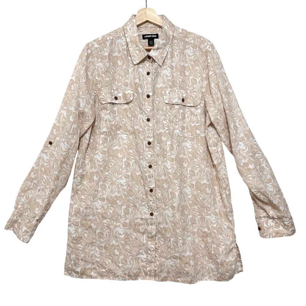Lands‎ End Linen Button Down Top Floral Coastal Resortwear Women's Sz Large Tall